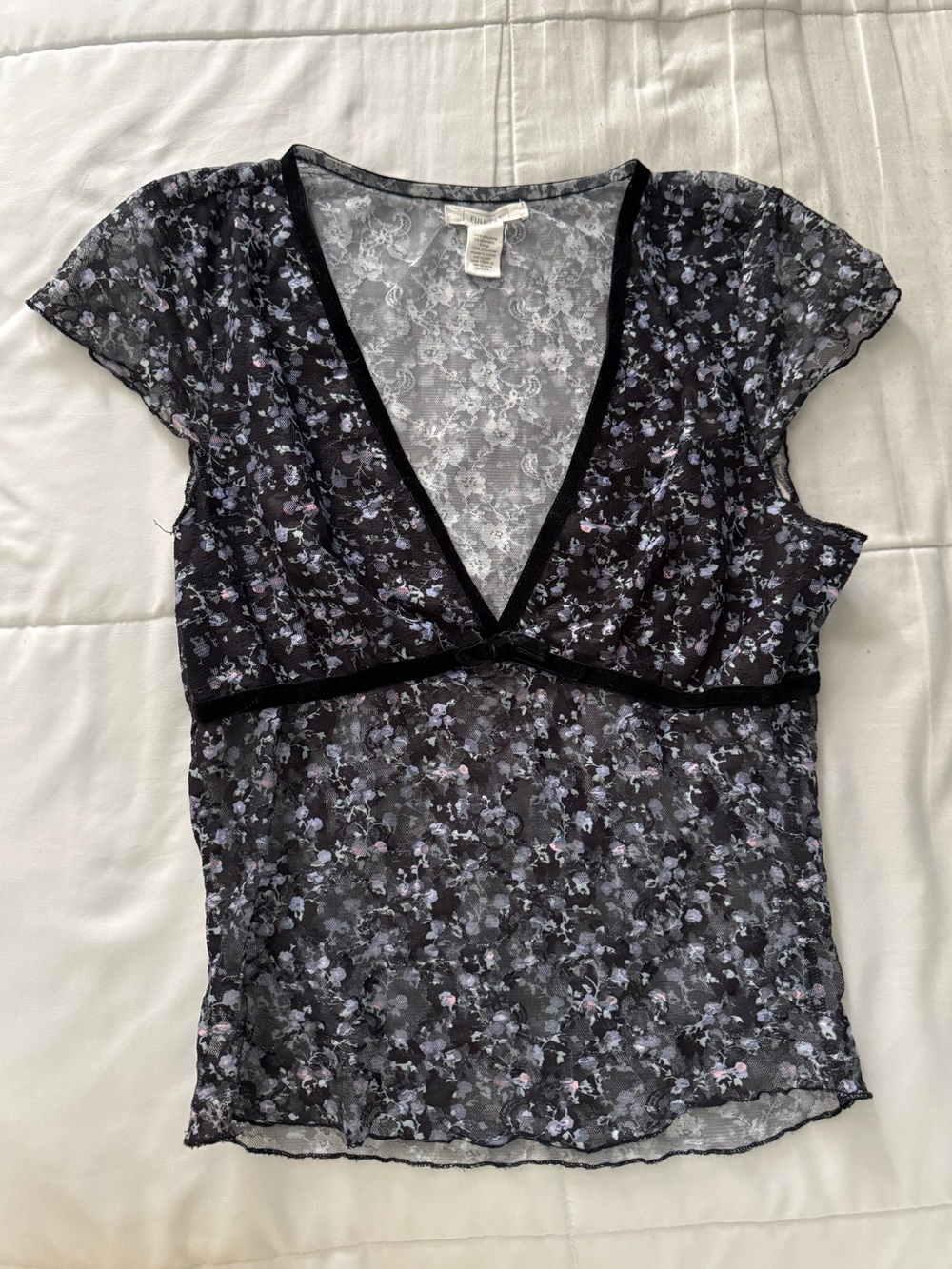 Vintage Sheer Floral V-Neck Mesh Top in Black with Lavender Accents - Picture 1 of 3